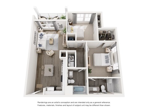Floor plan for 2 beds, 2 baths, 970 sqft